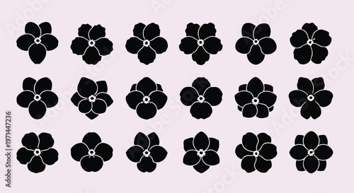 Collection of stylized black forget-me-not flowers with delicate petals arranged in rows on a pale pink background