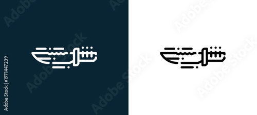 Two-color knife outline icon pair in black and white, editable stroke vector illustration for web, mobile apps, UI design, branding, and print from camping