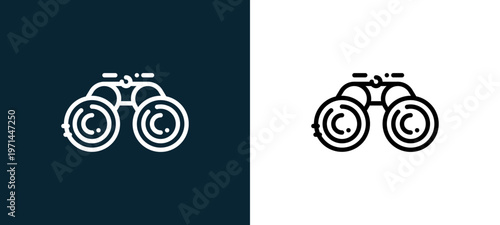 Two-color binoculars outline icon pair in black and white, editable stroke vector illustration for web, mobile apps, UI design, branding, and print from camping