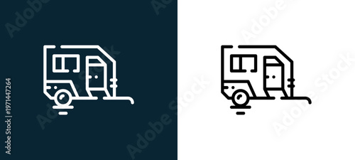 Two-color trailer outline icon pair in black and white, editable stroke vector illustration for web, mobile apps, UI design, branding, and print from camping