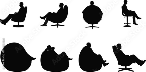 Silhouette people sitting on chairs and bean bags, modern furniture posture collection, black vector shape illustration, cad drawing flat vector illustration