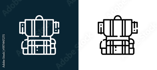 Two-color backpack outline icon pair in black and white, editable stroke vector illustration for web, mobile apps, UI design, branding, and print from camping