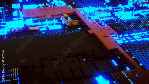 A close-up of a high-tech printed circuit board with bright neon lights. The complexity of modern electronics and microchip architecture. Innovation, data processing speed, and computing technologies.