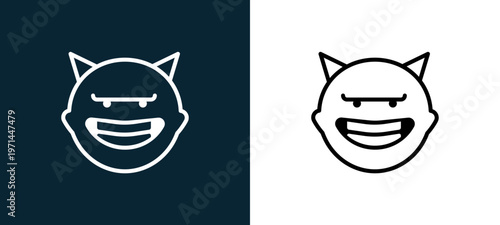 Two-color devil outline icon pair in black and white, editable stroke vector illustration for web, mobile apps, UI design, branding, and print from classics