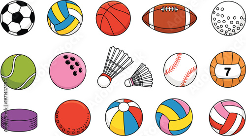 Sports balls set collection, football basketball tennis volleyball vector illustration isolated colorful game equipment