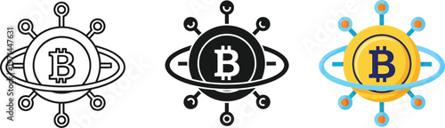 Bitcoin icon set featuring digital cryptocurrency symbols in outline flat and solid design styles for modern financial technology projects