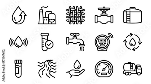 Water, Industrial Icons Set, 13 Line Icons, Waterdrop, Factory, Valve, Pipe, Recycling