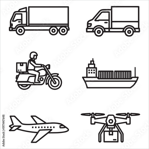 Set of icons representing different modes of transportation for delivery services truck, van, motorcycle, cargo ship, airplane, and drone vector design