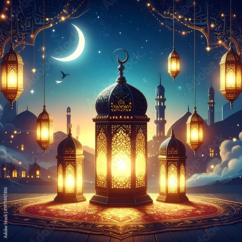 A serene nightscape with illuminated lanterns, a crescent moon, and distant minarets, creating a peaceful, spiritual atmosphere
