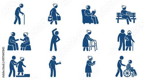 Set of Elderly People Engaging in Daily Activities Icons on Isolated White Background