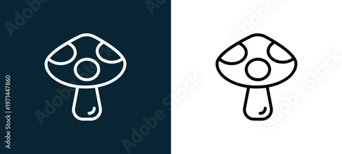 Two-color mushroom outline icon pair in black and white, editable stroke vector illustration for web, mobile apps, UI design, branding, and print from seasons