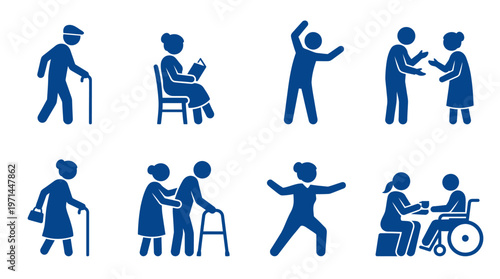 Set of Elderly People in Various Activities and Care Situations Icons on Isolated White Background