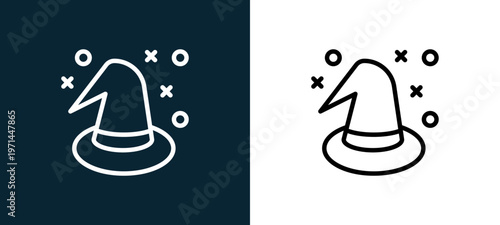Two-color witch hat outline icon pair in black and white, editable stroke vector illustration for web, mobile apps, UI design, branding, and print from seasons