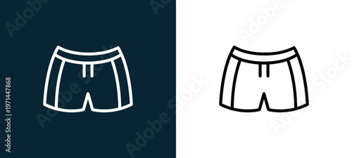 Two-color swimsuit outline icon pair in black and white, editable stroke vector illustration for web, mobile apps, UI design, branding, and print from seasons