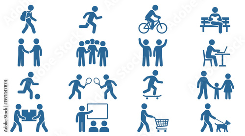 Set of Blue People Daily Activities and Social Interaction Silhouette Icons, Isolated White Background