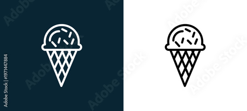 Two-color ice cream outline icon pair in black and white, editable stroke vector illustration for web, mobile apps, UI design, branding, and print from seasons