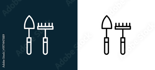 Two-color tools outline icon pair in black and white, editable stroke vector illustration for web, mobile apps, UI design, branding, and print from seasons