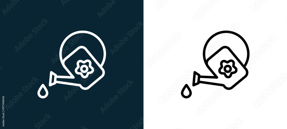 Fototapeta premium Two-color watering can outline icon pair in black and white, editable stroke vector illustration for web, mobile apps, UI design, branding, and print from seasons