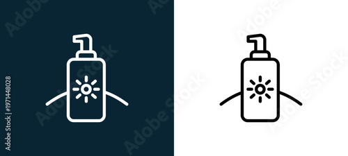 Two-color sun cream outline icon pair in black and white, editable stroke vector illustration for web, mobile apps, UI design, branding, and print from seasons