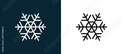 Two-color snowflake outline icon pair in black and white, editable stroke vector illustration for web, mobile apps, UI design, branding, and print from seasons