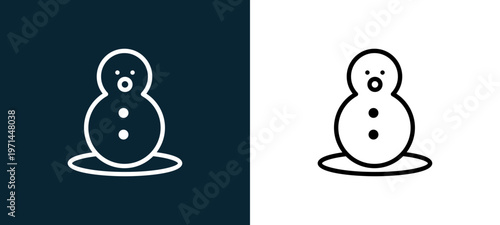 Two-color snowman outline icon pair in black and white, editable stroke vector illustration for web, mobile apps, UI design, branding, and print from seasons