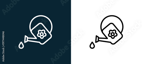 Two-color watering can outline icon pair in black and white, editable stroke vector illustration for web, mobile apps, UI design, branding, and print from seasons
