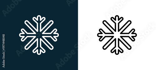 Two-color snowflake outline icon pair in black and white, editable stroke vector illustration for web, mobile apps, UI design, branding, and print from seasons