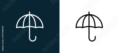Two-color umbrella outline icon pair in black and white, editable stroke vector illustration for web, mobile apps, UI design, branding, and print from seasons