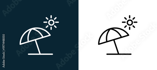 Two-color sun umbrella outline icon pair in black and white, editable stroke vector illustration for web, mobile apps, UI design, branding, and print from seasons