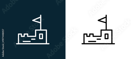 Two-color sand castle outline icon pair in black and white, editable stroke vector illustration for web, mobile apps, UI design, branding, and print from seasons