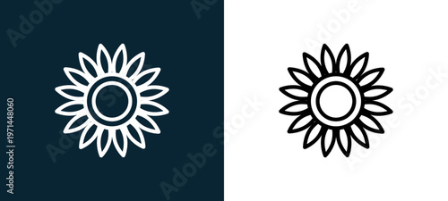Two-color sunflower outline icon pair in black and white, editable stroke vector illustration for web, mobile apps, UI design, branding, and print from seasons