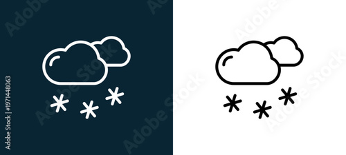 Two-color snow outline icon pair in black and white, editable stroke vector illustration for web, mobile apps, UI design, branding, and print from seasons