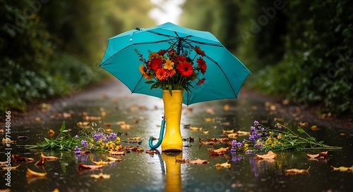 A whimsical scene of a golden vase holding vibrant flowers under a blue decorative umbrella in a serene pond setting