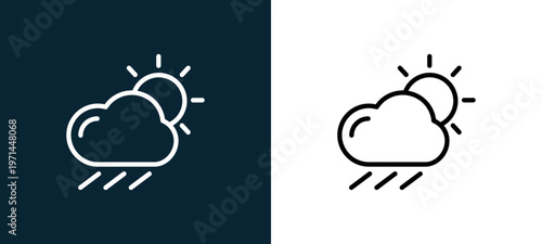 Two-color rain outline icon pair in black and white, editable stroke vector illustration for web, mobile apps, UI design, branding, and print from seasons