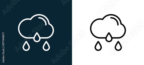 Two-color rain outline icon pair in black and white, editable stroke vector illustration for web, mobile apps, UI design, branding, and print from seasons