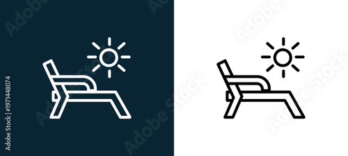 Two-color beach chair outline icon pair in black and white, editable stroke vector illustration for web, mobile apps, UI design, branding, and print from seasons