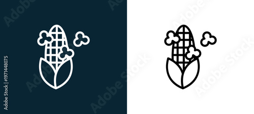 Two-color corn outline icon pair in black and white, editable stroke vector illustration for web, mobile apps, UI design, branding, and print from seasons