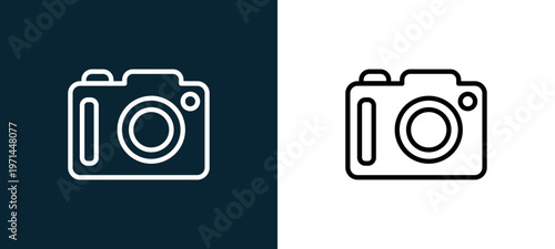 Two-color photo camera outline icon pair in black and white, editable stroke vector illustration for web, mobile apps, UI design, branding, and print from seasons