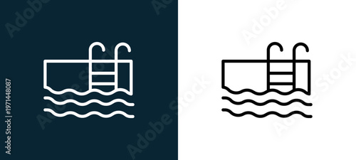 Two-color swimming pool outline icon pair in black and white, editable stroke vector illustration for web, mobile apps, UI design, branding, and print from seasons