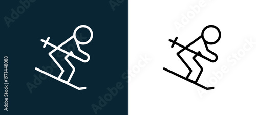 Two-color ski outline icon pair in black and white, editable stroke vector illustration for web, mobile apps, UI design, branding, and print from seasons