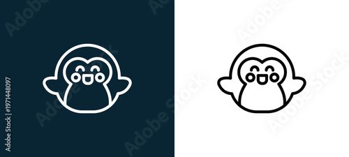 Two-color penguin outline icon pair in black and white, editable stroke vector illustration for web, mobile apps, UI design, branding, and print from seasons