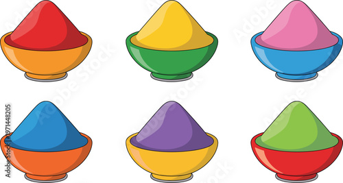 Colorful powder bowls set, holi festival pigments vector illustration isolated vibrant color collection design