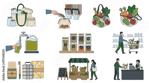 People Engaging in Zero-Waste Shopping and Sustainable Lifestyle Activities, Isolated White Background