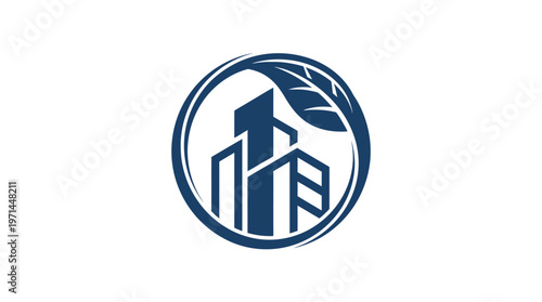 Green Building Logo with Leaf and City Skyscrapers in Circle, Representing Sustainable Real Estate Development, Isolated White Background