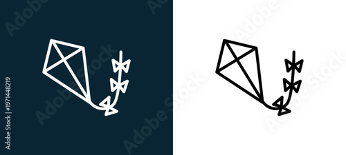 Two-color kite outline icon pair in black and white, editable stroke vector illustration for web, mobile apps, UI design, branding, and print from seasons