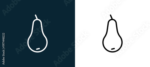 Two-color pear outline icon pair in black and white, editable stroke vector illustration for web, mobile apps, UI design, branding, and print from seasons