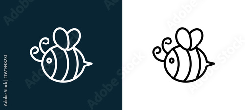 Two-color bee outline icon pair in black and white, editable stroke vector illustration for web, mobile apps, UI design, branding, and print from seasons