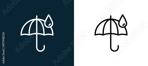 Two-color rain outline icon pair in black and white, editable stroke vector illustration for web, mobile apps, UI design, branding, and print from seasons