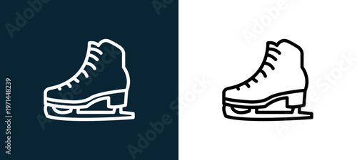 Two-color ice skating outline icon pair in black and white, editable stroke vector illustration for web, mobile apps, UI design, branding, and print from seasons