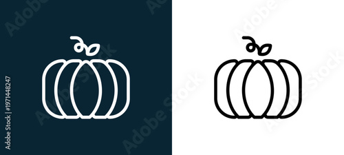 Two-color pumpkin outline icon pair in black and white, editable stroke vector illustration for web, mobile apps, UI design, branding, and print from seasons
